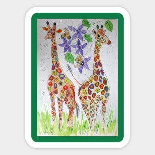 Colourful Giraffes among purple flowers and bumble bees Sticker